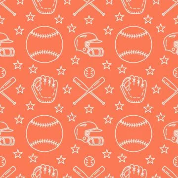 Baseball, softball sport game vector seamless pattern, orange background with Stock Illustration