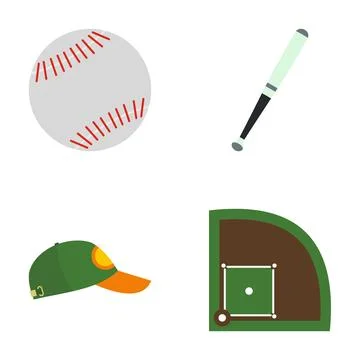 Baseball sport equipment flat vector icon set Ilustração Stock