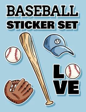Baseball sticker set. Baseball bat, hat and catchig glove label doodles. Hand Stock Illustration