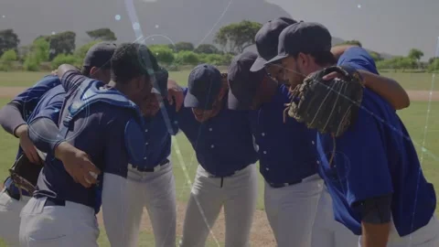Baseball team huddling on field with network connections animation overlay Stock Footage 331278022
