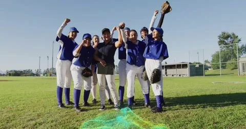 Baseball team shifting on coach signaling, raising gloves as neon wave swirling Stock Footage 319782844