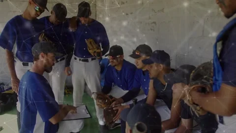 Baseball team strategizing in dugout with network connections animation overlay Stock Footage 329569166