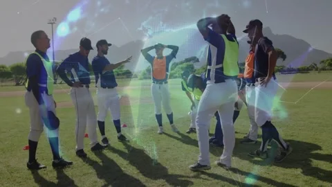 Baseball team strategizing on field with digital globe animation overlay Stock Footage 327646500
