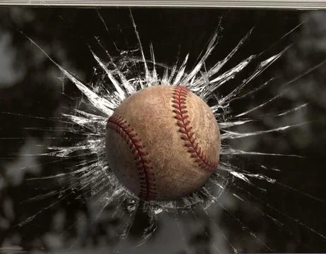 Baseball through broken window. for design Stock Photos