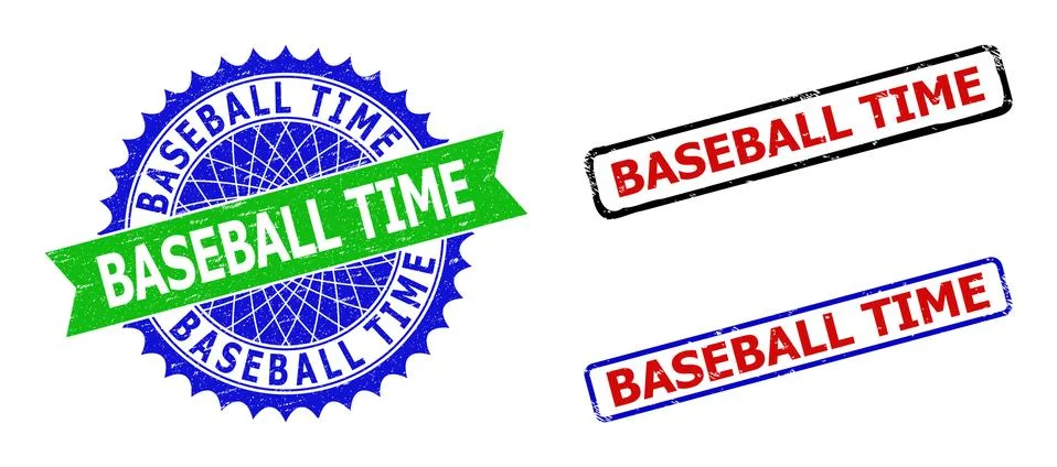 BASEBALL TIME Rosette and Rectangle Bicolor Seals with Unclean Surfaces Illustrazione stock