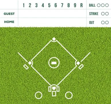 Baseball white line, game score display and green grass field background Stock Illustration