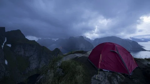 Basecamp on the top of Reinebringen Stock Footage 86536124