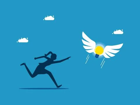 Based on knowledge and ideas. woman chasing a flying light bulb Stock Illustration