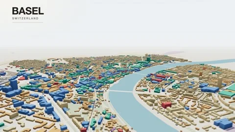 Basel 3D isometric city skyline building blocks map animation seamless loop Stock Footage 341398608