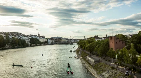 Basel city skyline and river  in the evening hyperlapse timelapse Stock Footage 54871114