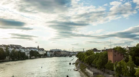 Basel city skyline and river  in the evening hyperlapse timelapse Stock Footage 54874493
