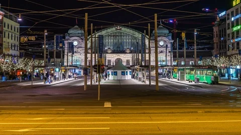 Basel main station with trams, bus at night Stock-Footage 73987894