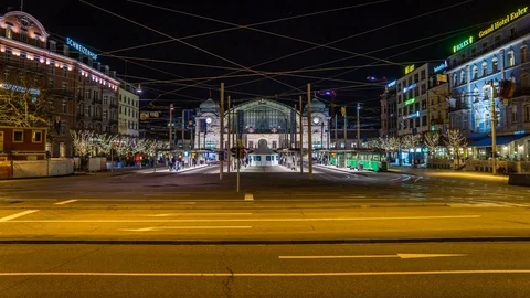 Basel main station with trams, bus at night timelapse Stock Footage 73988740