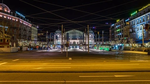 Basel main station with trams, bus at night Stock-Footage 73990080