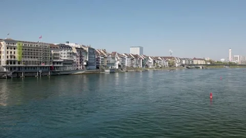 Basel middle rhine bridge view of the rhine and basel old town in summer ferry Stock Footage 160432127
