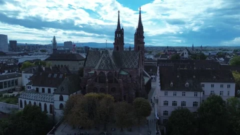 Basel Minster Cathedral Aerial Skyline View Switzerland Stock Footage 343552373