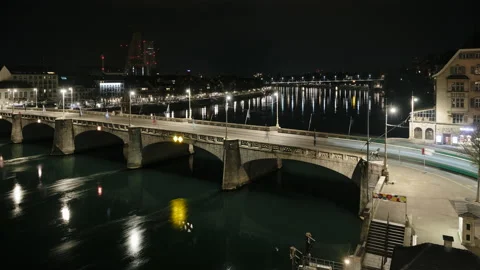 Basel night traffic on Middle Bridge time lapse. Stock Footage 152657074