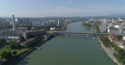 Basel pharma industry zone long approach and rotation - Aerial 4K Stock Footage 159228307