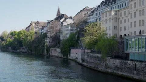 Basel Rhine bank side view of old town, spire of city hall Stock Footage 157545359