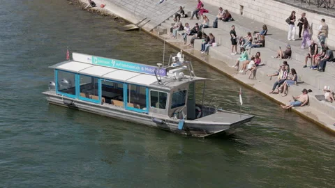 Basel: rhine bridge, river bank, blue passenger ferry lands on river bank Stock Footage 157446009