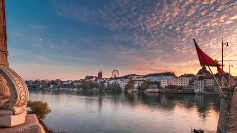 Basel Riverside Sunset Timelapse - Rhine River, Ferris Wheel Stock Footage 291852971
