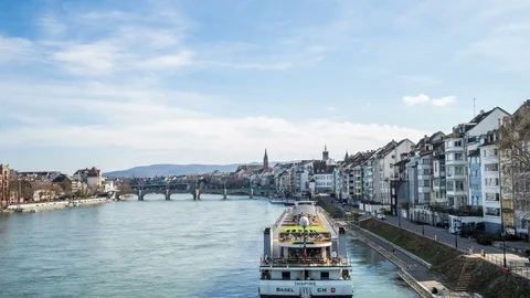 Basel skyline with Rhine river at day hyperlapse tracking shot Video stock 73989532