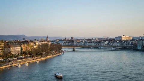 Basel skyline with Rhine river at day to night hyperlapse tracking shot Stock-Footage 73990232