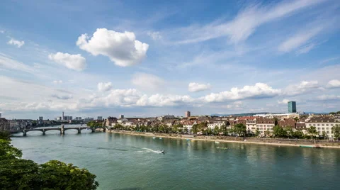 Basel skyline with, river, waterfront, sky and clouds timelapse Video stock 54883312