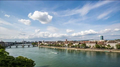Basel skyline with, river, waterfront, sky and clouds timelapse Stock Footage 54888253