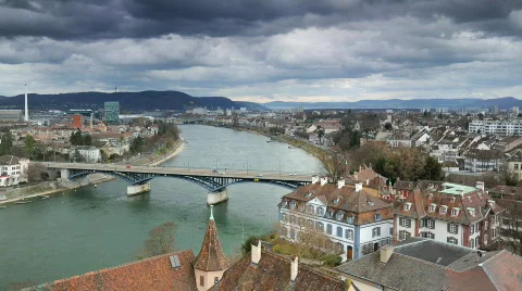 Basel Skyline Timelapse Aerial Cityscape Rhine River Europe Old Town Switzerland Stock Footage