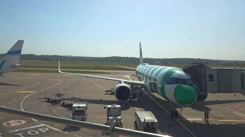 Basel, Switzerland, May 25, 2026: Airplane at airport gate being prepared Stock Footage 340127331