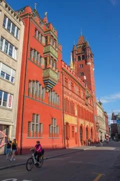 Basel Town Hall facade, red house building exterior Stock Photos