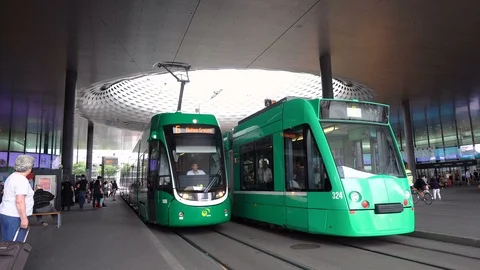 Basel Tram at Exhibition Square - Public Transport in Switzerland Stock Footage 96857023