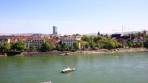Basel view  and the ferry crossing the Rhine Stock Footage 111904174