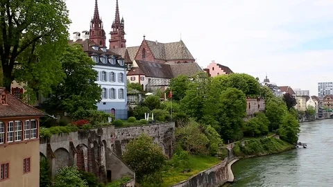 Basel, view of grossbasel  and the gothic cathedral from Wettstein bridge Stock Footage 111904085