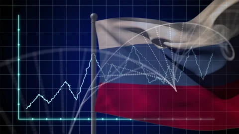 Baseline appearing, line graph rising and emitting arcs over Russian flag Video stock 310863911