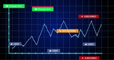 Baseline before jagged line starting, oscillating then popping engagement icons Stock Footage 313552608