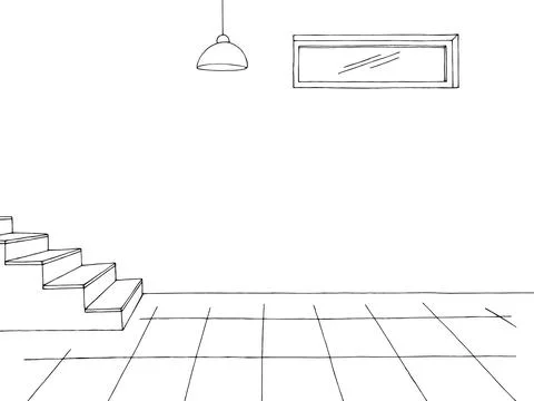 Basement interior graphic black white home interior sketch illustration vector Stock Illustration