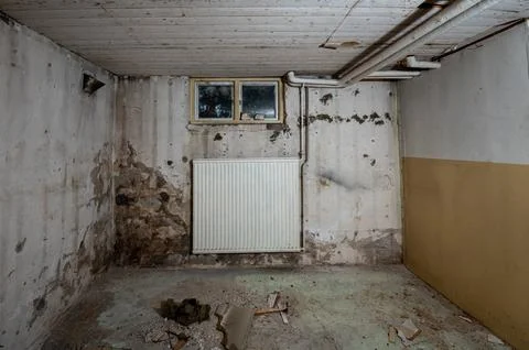 Basement interior with moisture damage before renovation Stock-Fotos