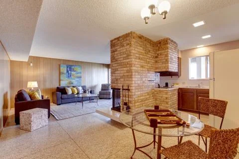 Basement open floor plan. living room with dining and kitchen area Stock Photos