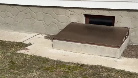 Basement opens in the building of house has window is located below ground level Stock Footage 300052964