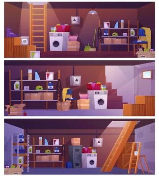 Basement room interior vector flat illustrations set, cartoon storage home Stock Illustration