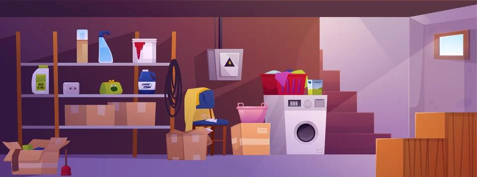 Basement room interior vector flat illustration, storage home cellar with Stock Illustration