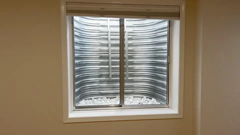 Basement Window Well with White Decorative Rocks Stock Footage 312467134
