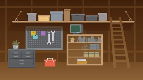 Basement Workshop Interior Illustration. Workspace Stock Illustration