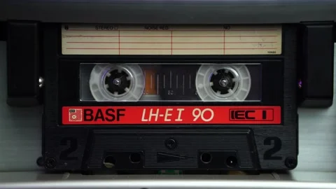 BASF Audio Cassette Tape Ending Playing in Vintage Player, Close Up Stock Footage 239374071