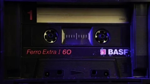 BASF Audio Cassette Tape Playback in Boombox, Close Up Stock Footage 296230478
