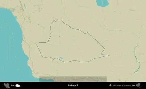 Bashagard outlined, Iran. Topographic Humanitarian Stock Illustration