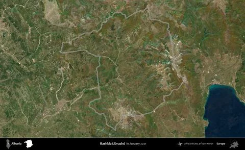 Bashkia Librazhd outlined, Albania. Sentinel - World Cover Mosaic. January 2021 Stock Illustration