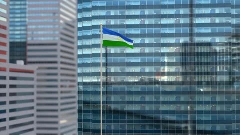 Bashkortostan Flag 3D Render Animation Waving Against Glass Office Building  Stock Footage 333081249